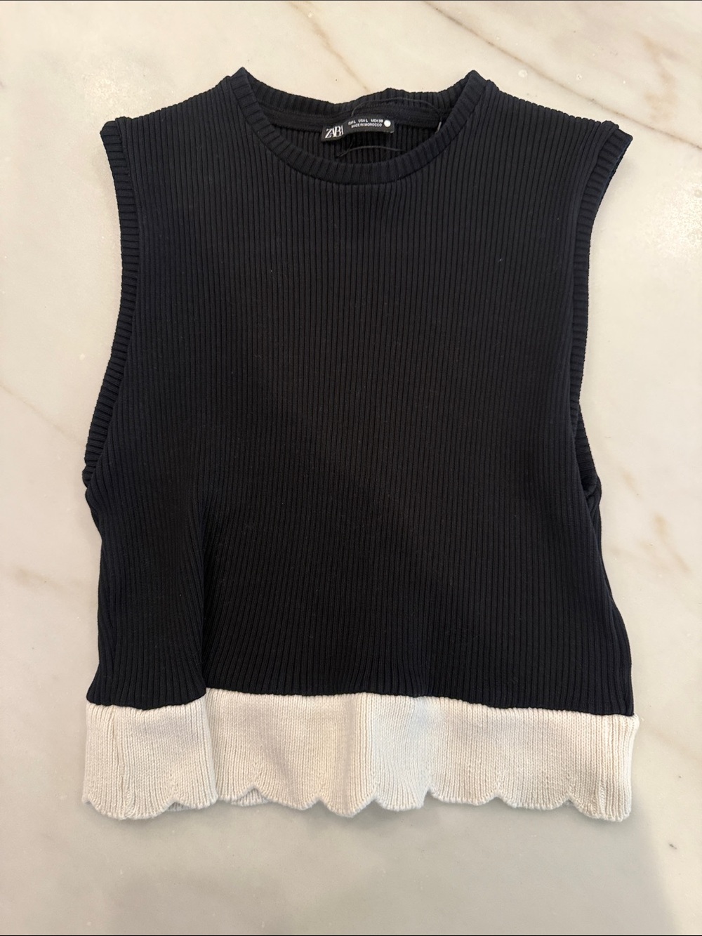 Zara Black Ribbed Tank with White Scalloped Hem sweater